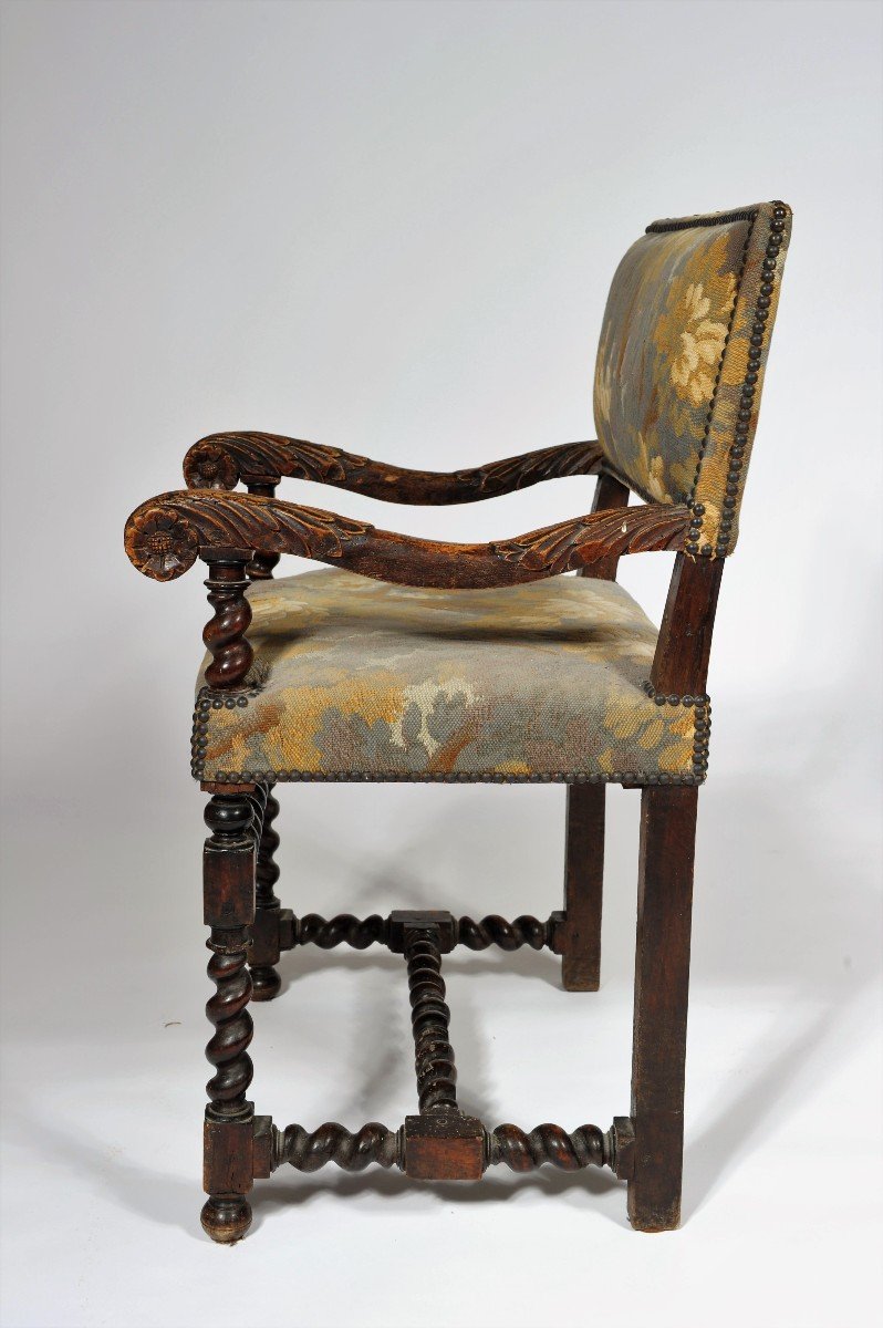    Beautiful Arm Chair In Molded Natural Wood - Louis XIII Period - XVIIth Century-photo-1