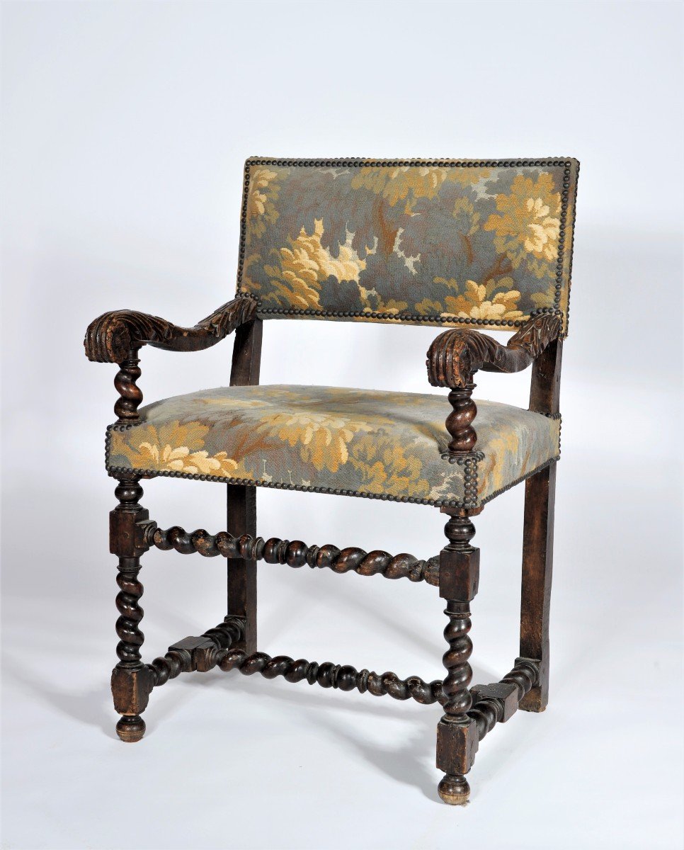   Belle Chaise à Bras En Bois Naturel Mouluré - Epoque Louis XIII - XVIIème