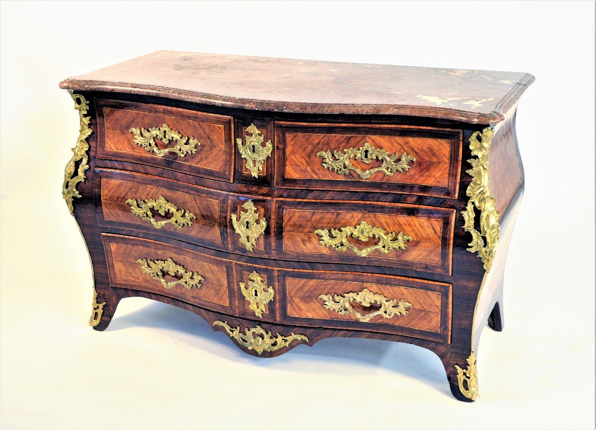     Estampillée F. GARNIER - Commode Galbée En Bois De Violette - Epoque Louis XV-photo-2