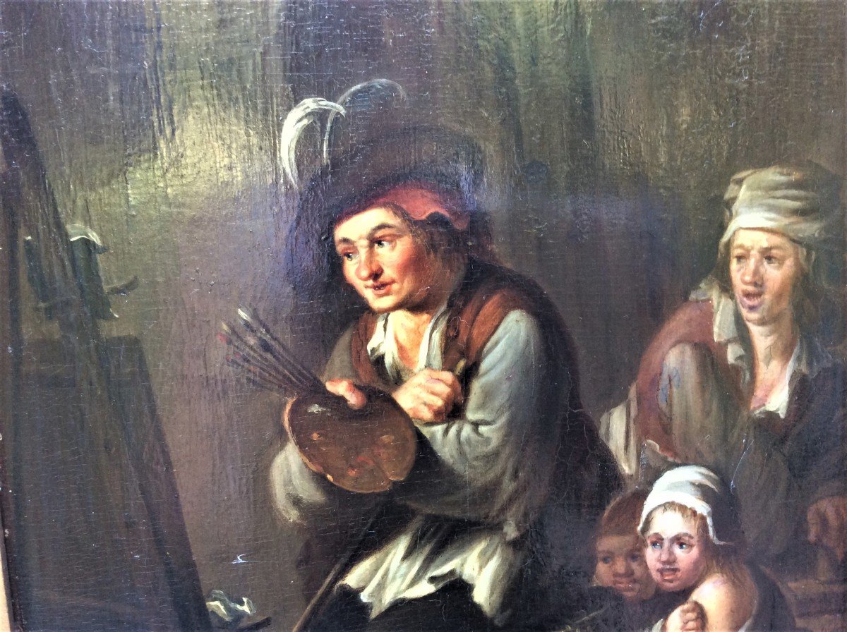   Peintre Et Sa Famille - Huile Sur Panneau - Andries Booth (d'après) - XVIIème Siècle-photo-1