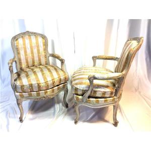 Du 06.10 au 30.11 -REMISE 25\% Estampille E. Meunier - Paire De Fauteuils Bois Laqué  - XVIIIème