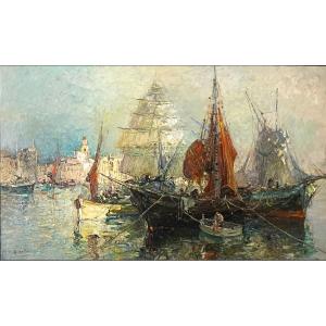 Bâteaux au port - Huile de A. Demarta  XXème