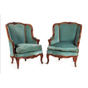 Pair Of Bergeres In Natural Wood - Louis XV Period - 18th Century