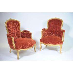   Pair Of Bergeres In Cabriolet In Golden Wood - Louis XV Period - XVIIIth Century