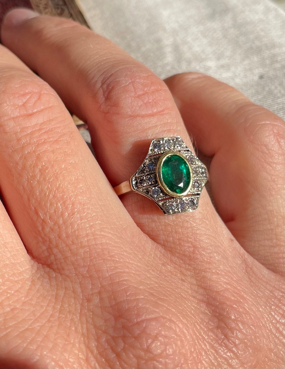 Bague Art Déco, émeraude Et Diamants-photo-2