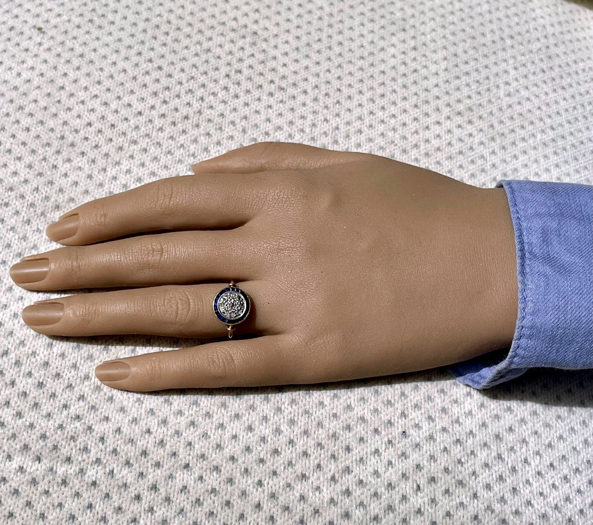 Bague Début XXe, Diamants Entourage Saphirs Calibrés-photo-4