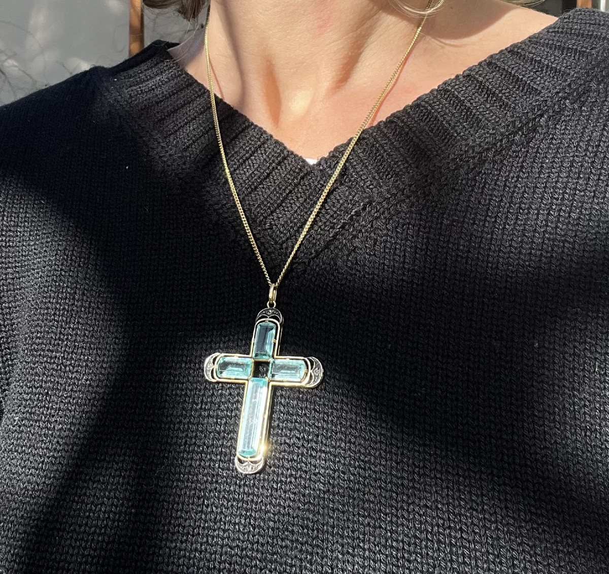 Grande croix en or, argent et verre bleuté-photo-2