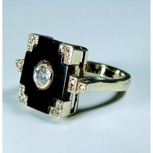 Art Deco Ring, Diamond On Onyx Plate