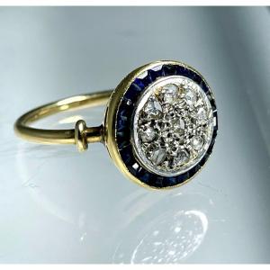 Bague Début XXe, Diamants Entourage Saphirs Calibrés