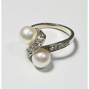 Bague Vous et Moi, perles, or blanc et diamants