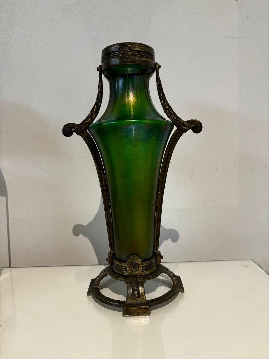 Antique Art Nouveau Loetz Glass Vase With Bronzes,-photo-2