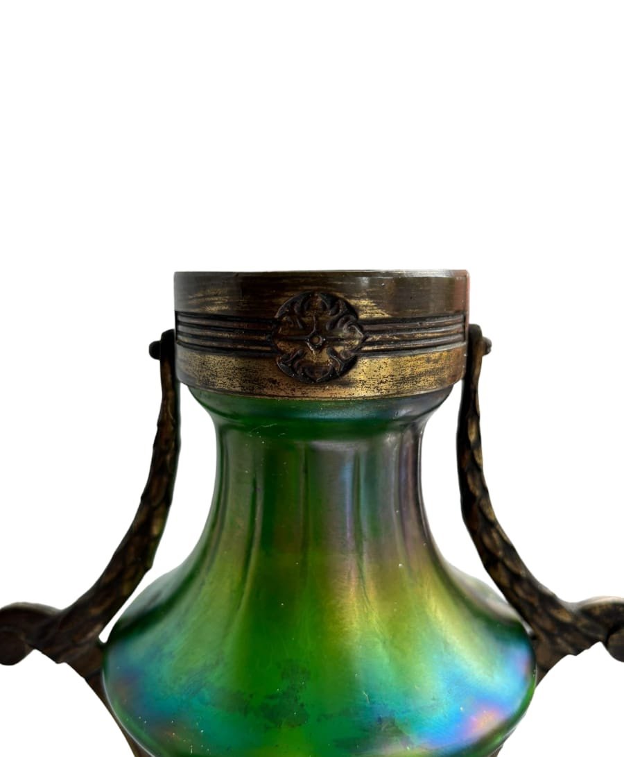 Antique Art Nouveau Loetz Glass Vase With Bronzes,-photo-4