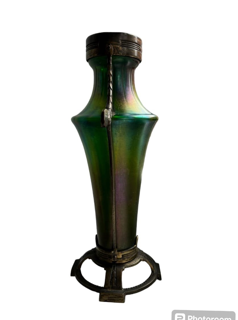 Antique Art Nouveau Loetz Glass Vase With Bronzes,-photo-1