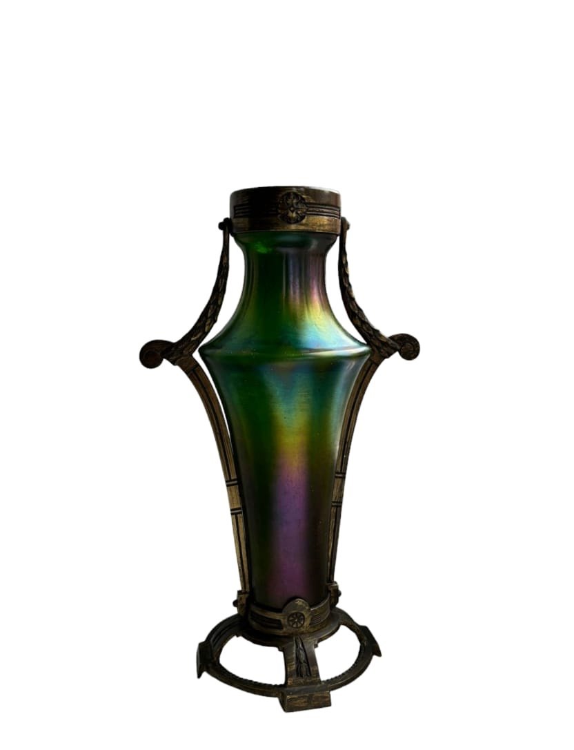 Antique Art Nouveau Loetz Glass Vase With Bronzes,-photo-2