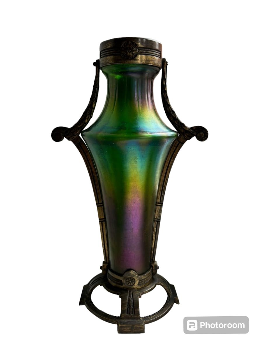 Antique Art Nouveau Loetz Glass Vase With Bronzes,