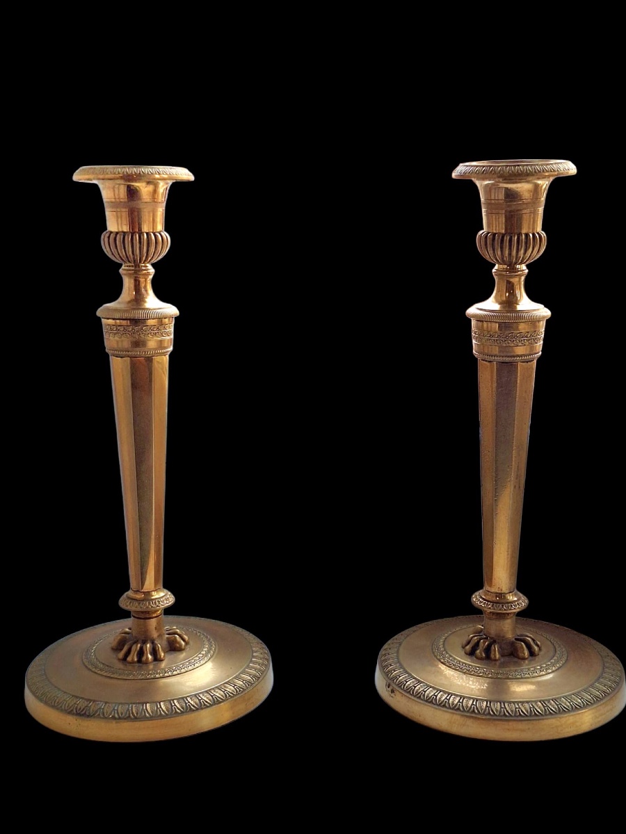 Pair Of Empire Style Gilt Copper Candlesticks