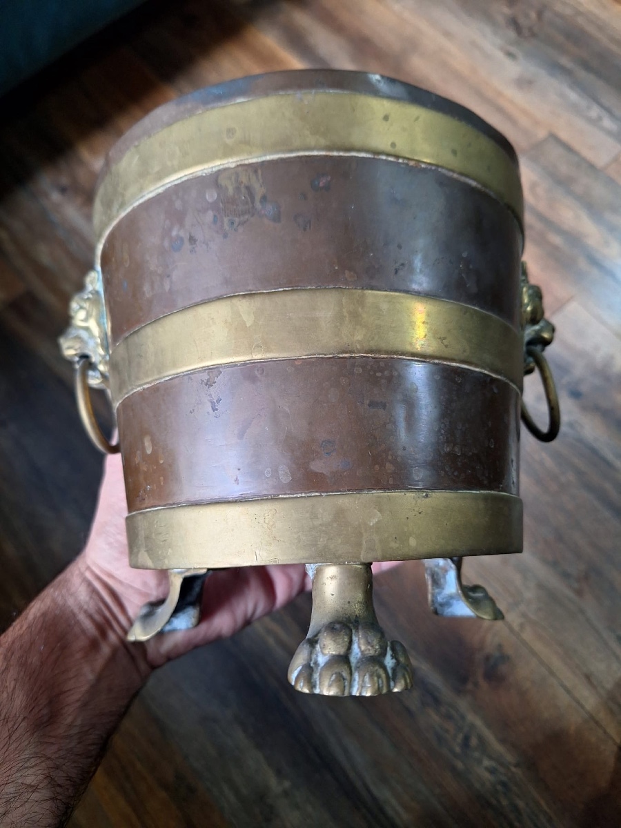 Cache-pot antique en bronze avec cuivre-photo-2