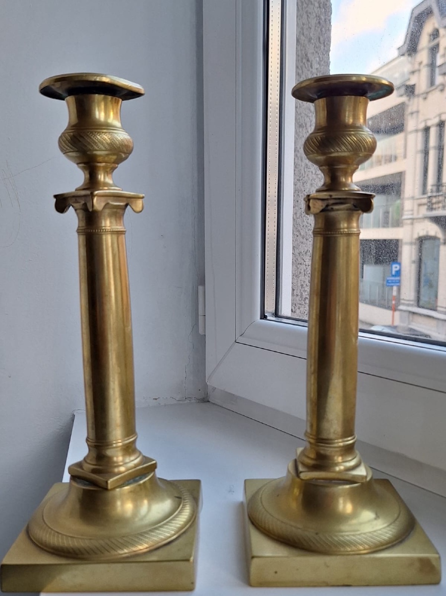 2 bougeoirs dorés, style Empire, XIXe siècle-photo-2