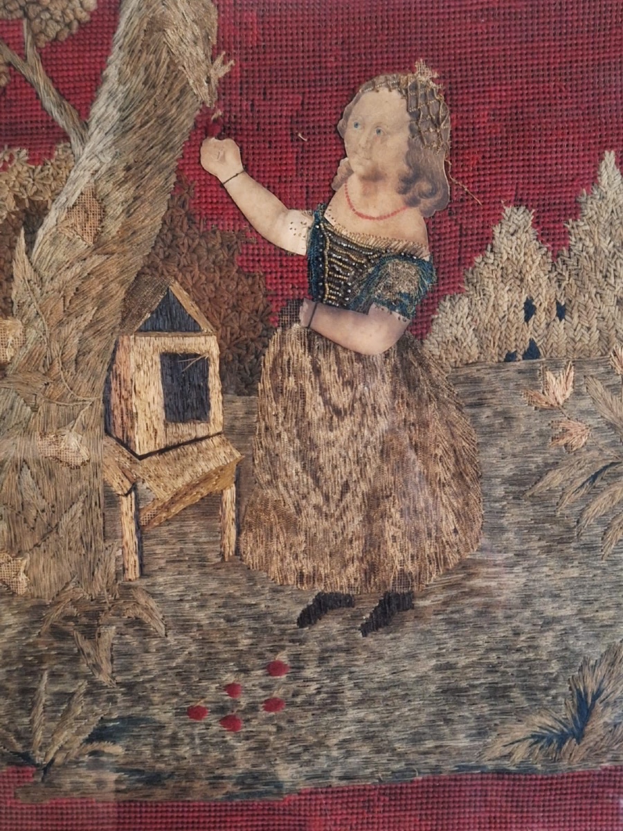 Antique Wool And Silk Embroidery, 19th Century-photo-2