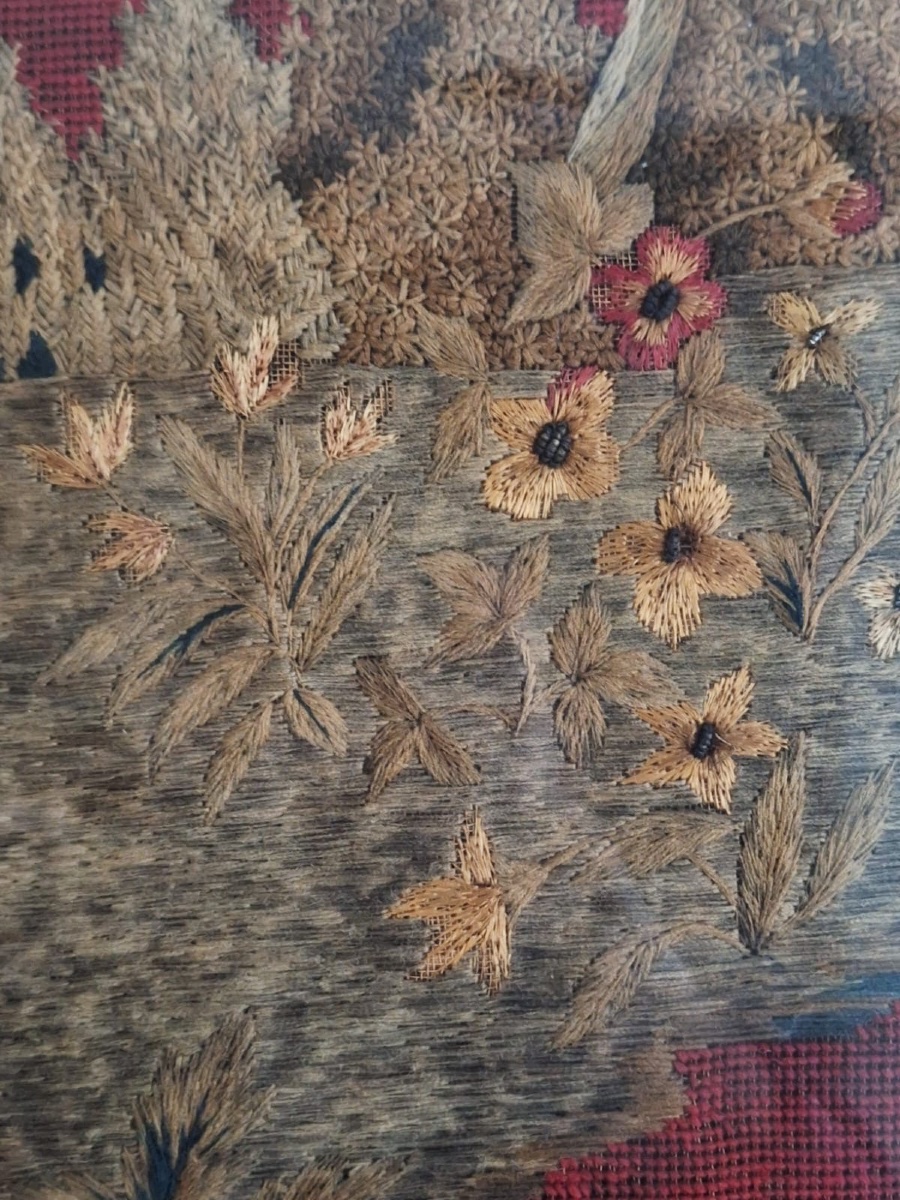 Antique Wool And Silk Embroidery, 19th Century-photo-3