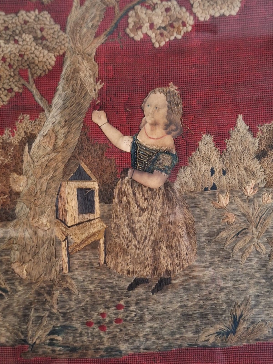 Antique Wool And Silk Embroidery, 19th Century-photo-4