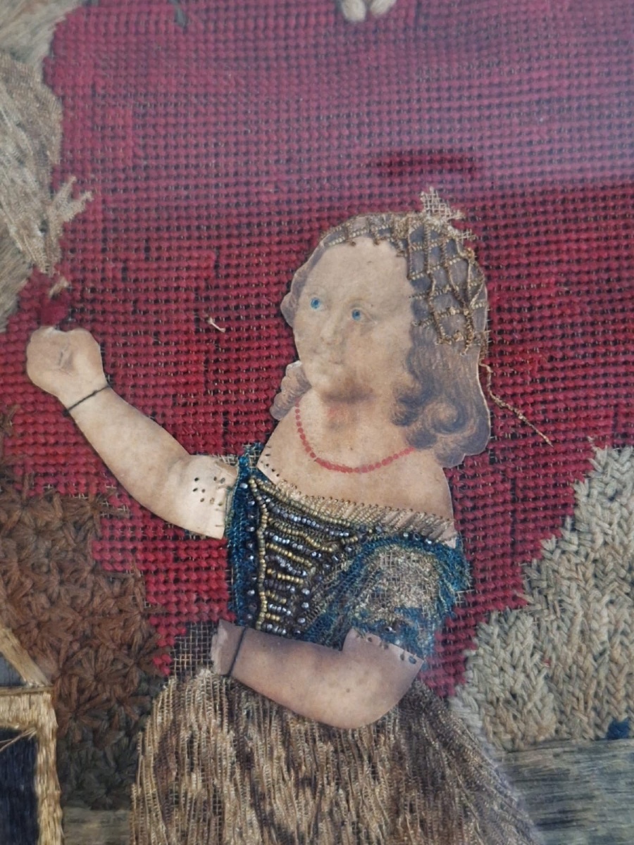 Antique Wool And Silk Embroidery, 19th Century-photo-1