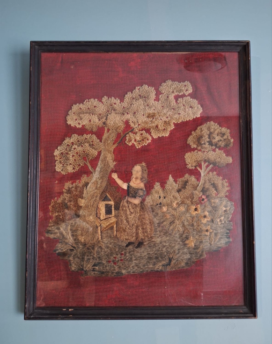 Antique Wool And Silk Embroidery, 19th Century