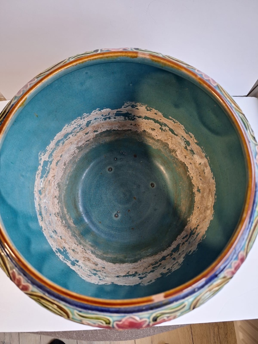 Pot de fleurs ancien en faïence Majolica, XIXe siècle-photo-2