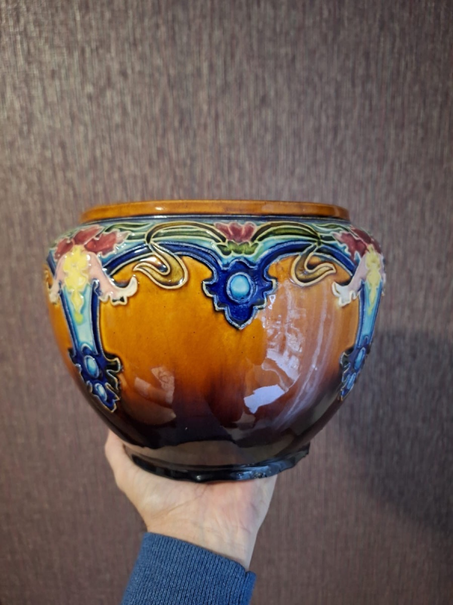 Pot de fleurs ancien en faïence Majolica, XIXe siècle-photo-3