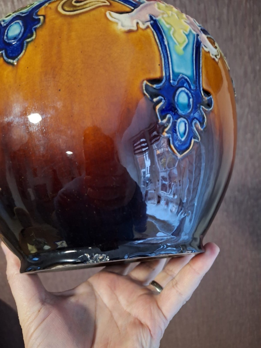 Pot de fleurs ancien en faïence Majolica, XIXe siècle-photo-4