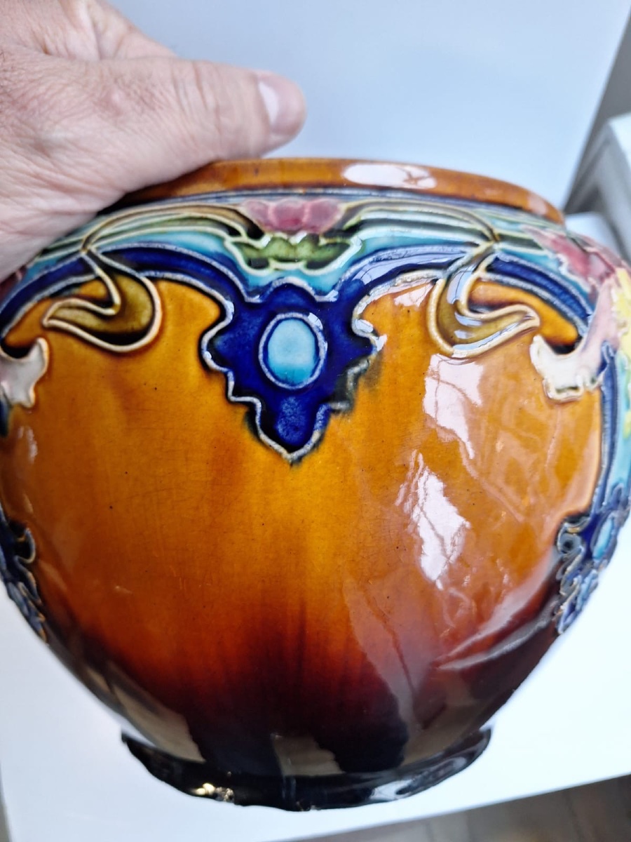 Pot de fleurs ancien en faïence Majolica, XIXe siècle-photo-3