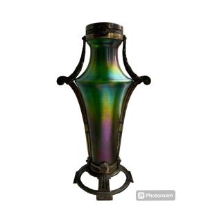 Antique Art Nouveau Loetz Glass Vase With Bronzes,