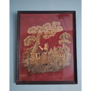 Antique Wool And Silk Embroidery, 19th Century
