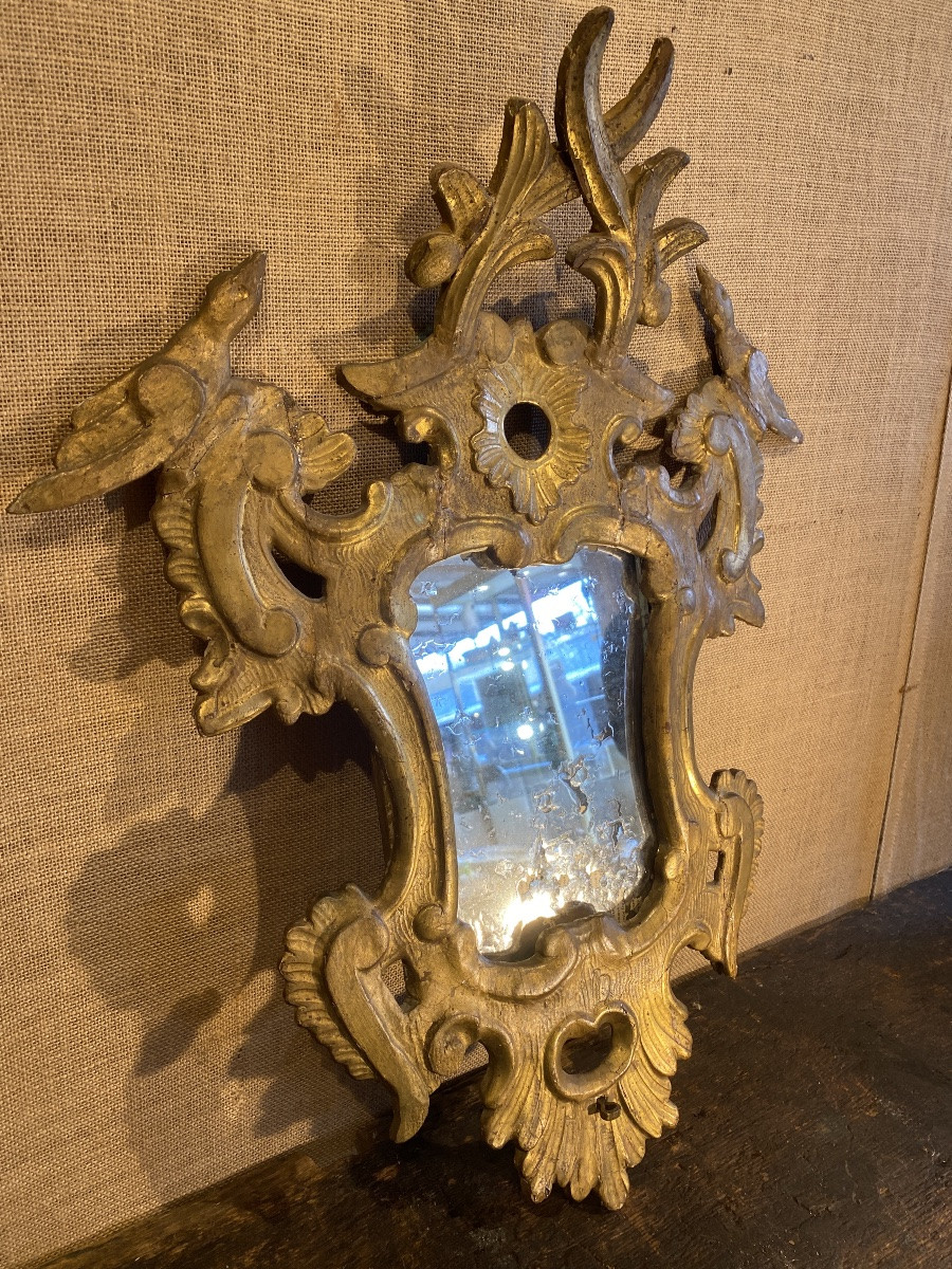 Miroir en Bois Sculpté Doré aux Oiseaux XVIIIè Siècle-photo-1