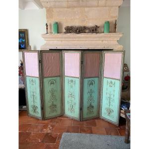 5-leaf Screen In Painted Wood With Arabesque Decor