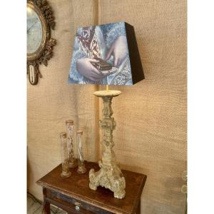 18th-century Gilded Wooden Candlestick Mounted As A Lamp