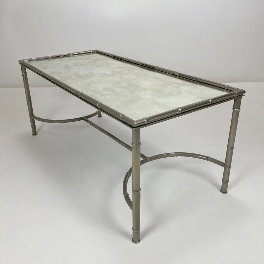 Faux Bamboo Coffee Table In Nickel-plated Metal And Oxidized Mirror, Circa 1960, France.-photo-2