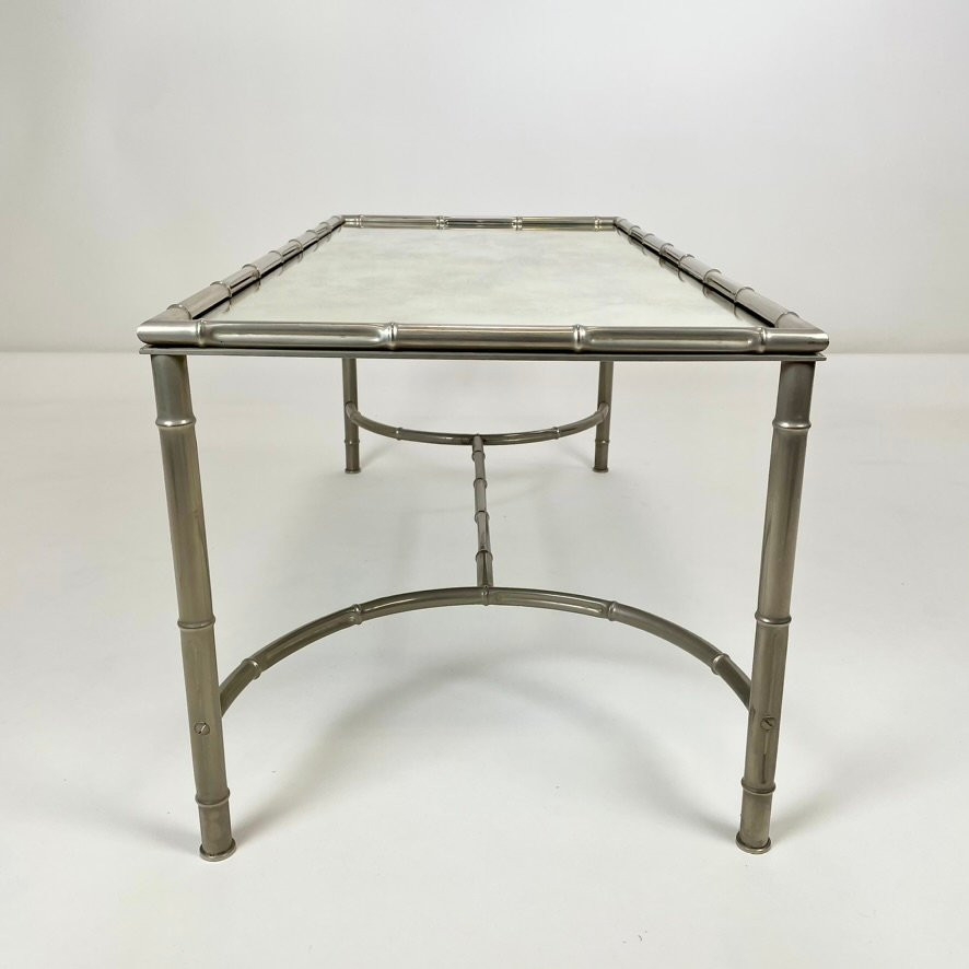 Faux Bamboo Coffee Table In Nickel-plated Metal And Oxidized Mirror, Circa 1960, France.-photo-4