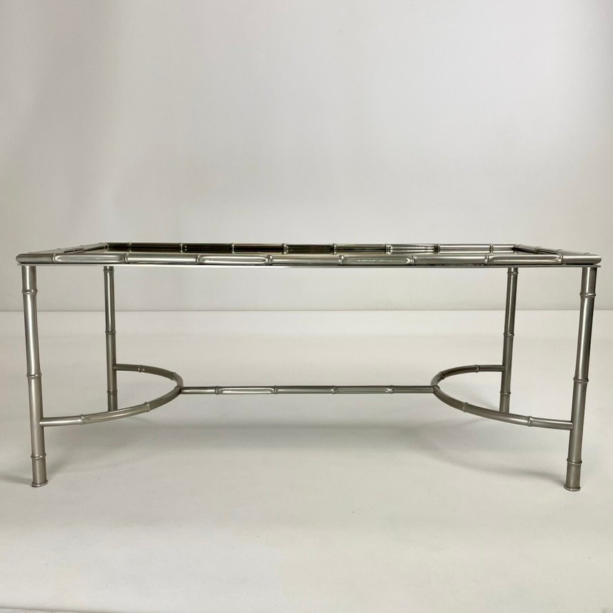 Faux Bamboo Coffee Table In Nickel-plated Metal And Oxidized Mirror, Circa 1960, France.-photo-1