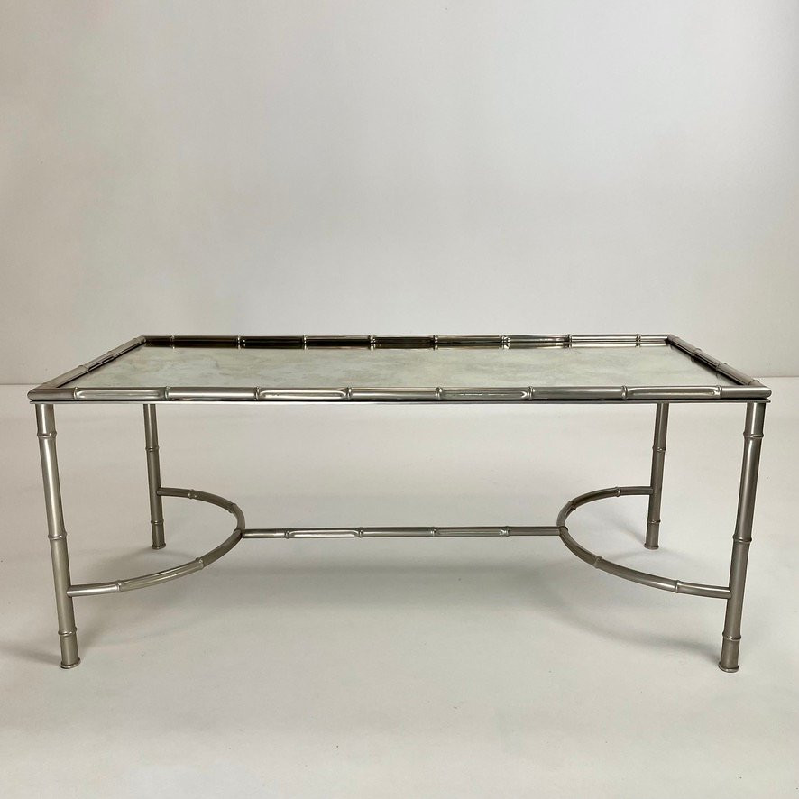 Faux Bamboo Coffee Table In Nickel-plated Metal And Oxidized Mirror, Circa 1960, France.-photo-2