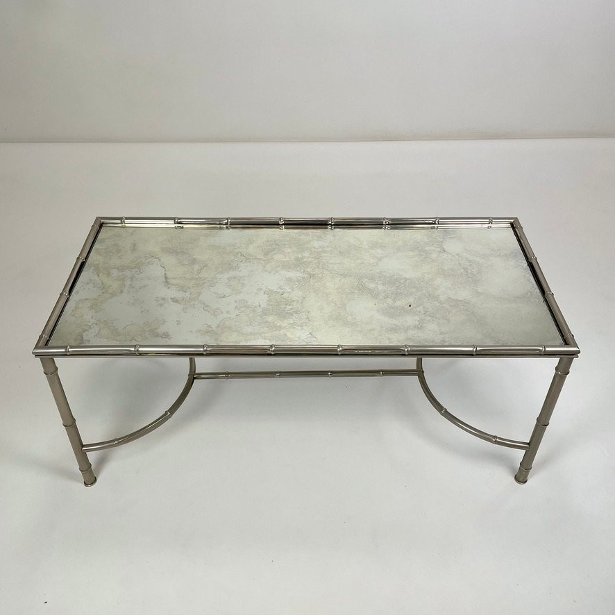 Faux Bamboo Coffee Table In Nickel-plated Metal And Oxidized Mirror, Circa 1960, France.-photo-3