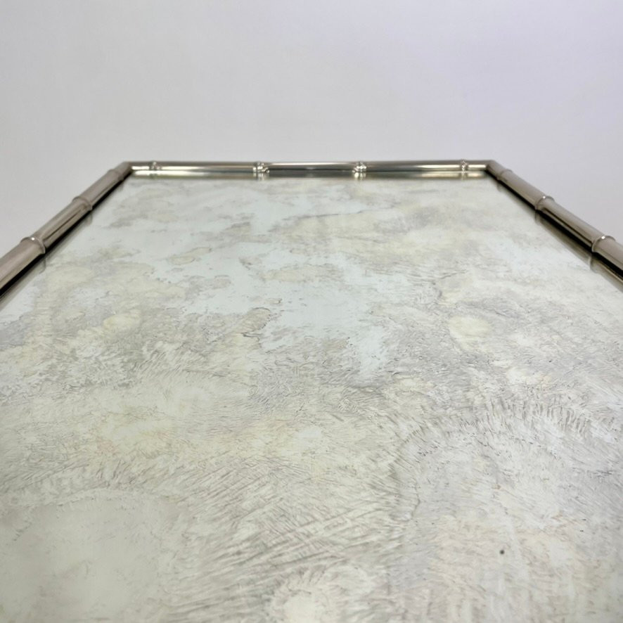 Faux Bamboo Coffee Table In Nickel-plated Metal And Oxidized Mirror, Circa 1960, France.-photo-5