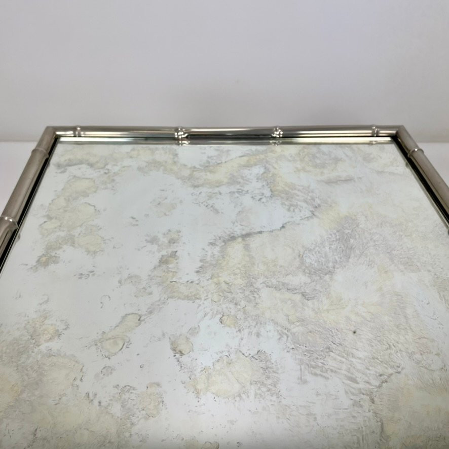 Faux Bamboo Coffee Table In Nickel-plated Metal And Oxidized Mirror, Circa 1960, France.-photo-6