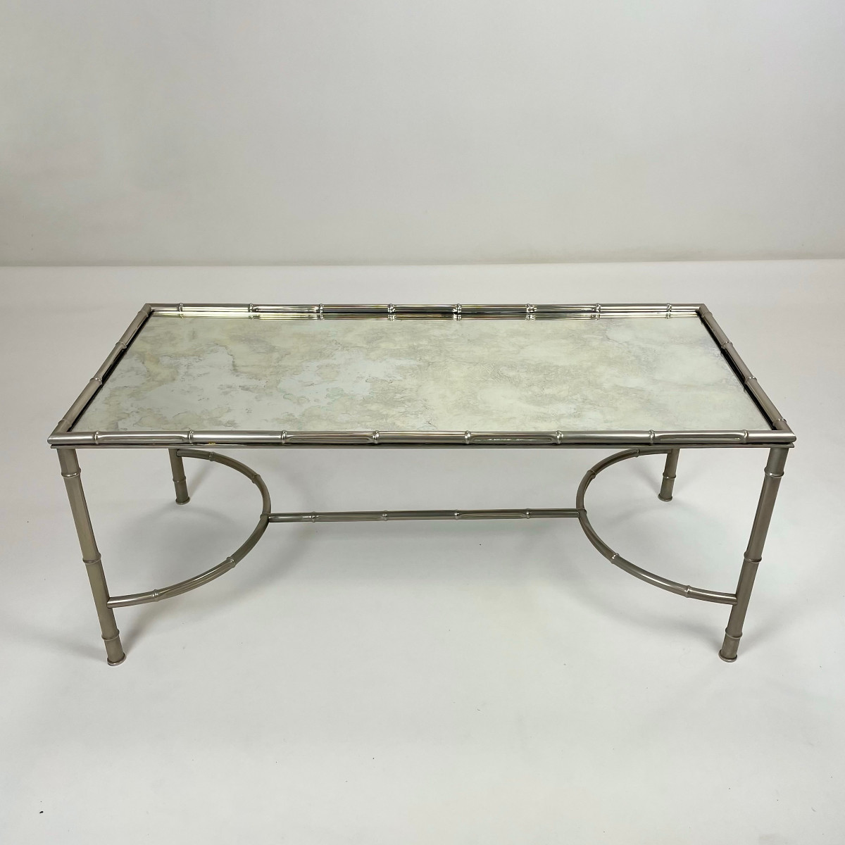 Faux Bamboo Coffee Table In Nickel-plated Metal And Oxidized Mirror, Circa 1960, France.