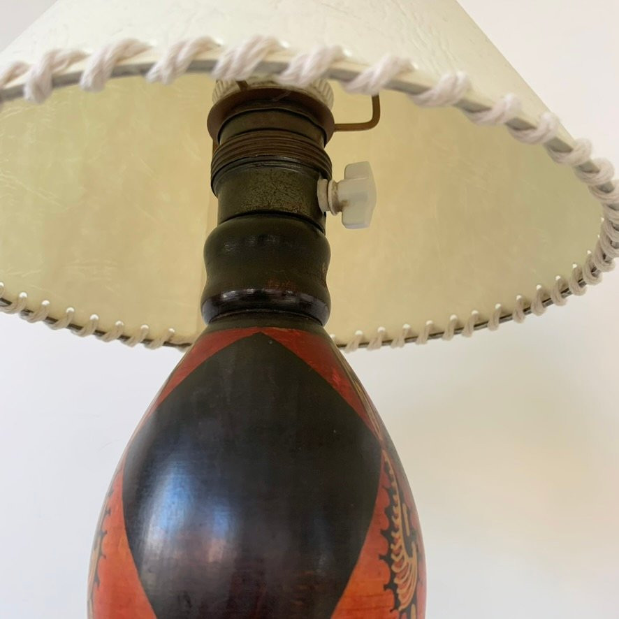 Painted Wooden Lamp With Batik Decoration By Louis Bogtman, Amsterdam School, Circa 1920, Netherlands.-photo-5