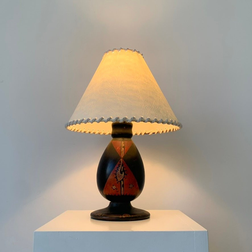 Painted Wooden Lamp With Batik Decoration By Louis Bogtman, Amsterdam School, Circa 1920, Netherlands.-photo-7