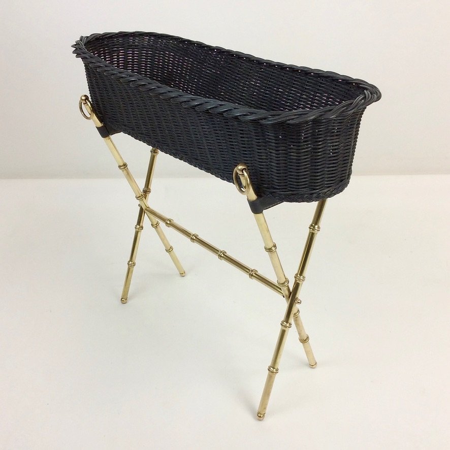 Brass And Wicker Planter By Jacques Adnet, Circa 1960, France-photo-3