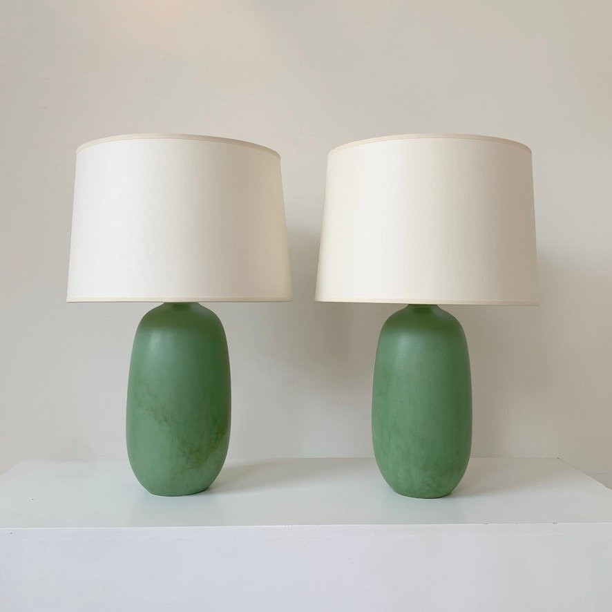 Paire de lampes de table en céramique vertes signées Vallauris, circa 1950, France.-photo-3