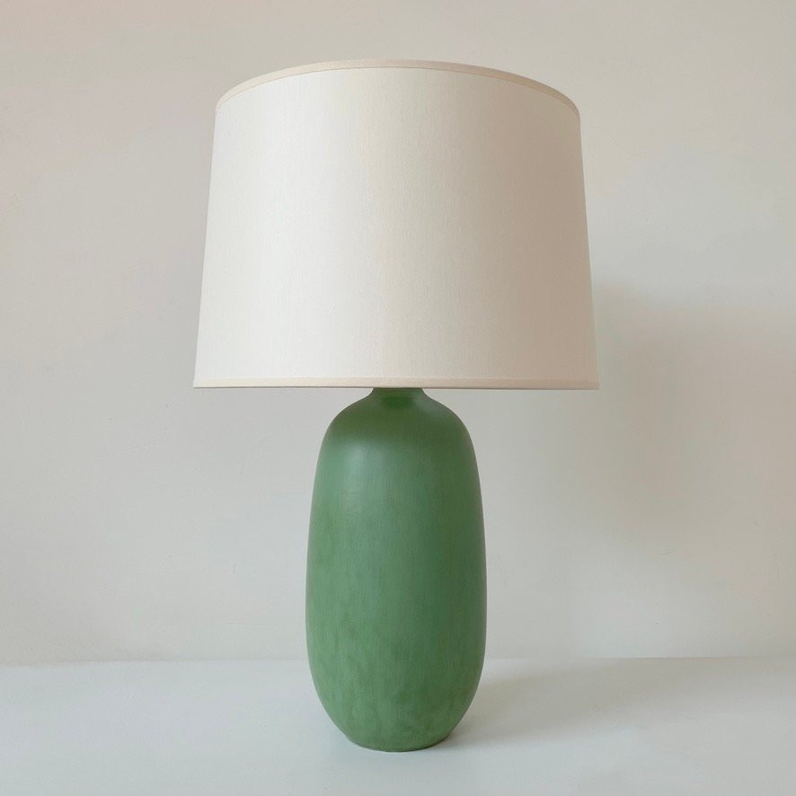 Paire de lampes de table en céramique vertes signées Vallauris, circa 1950, France.-photo-3