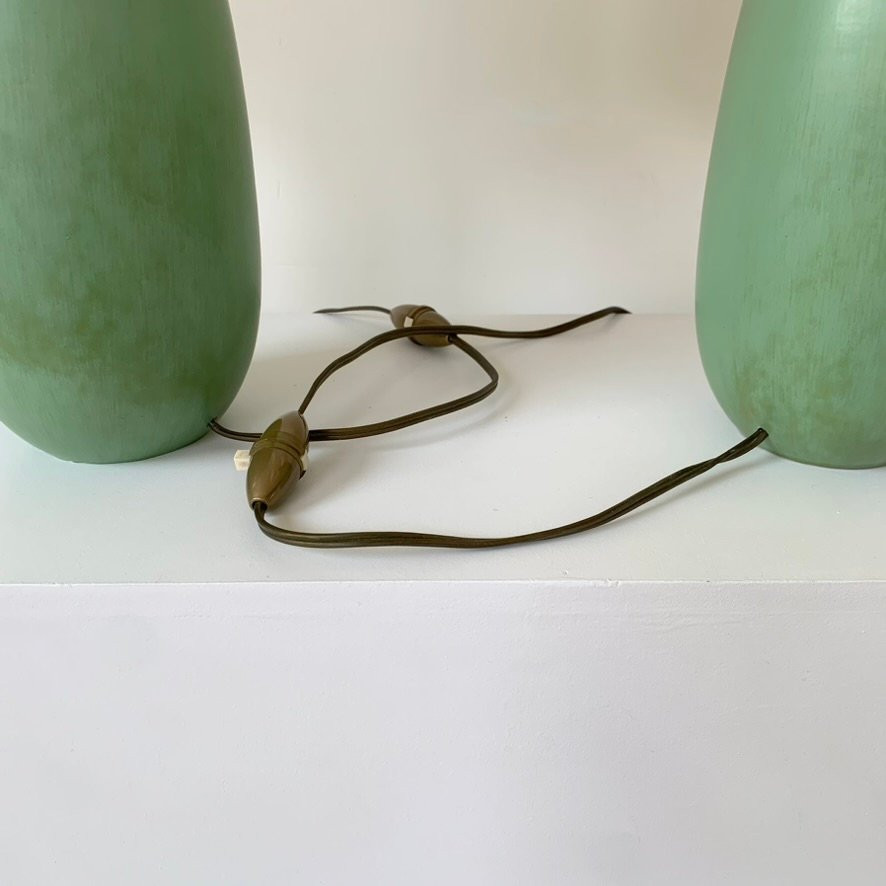 Paire de lampes de table en céramique vertes signées Vallauris, circa 1950, France.-photo-5